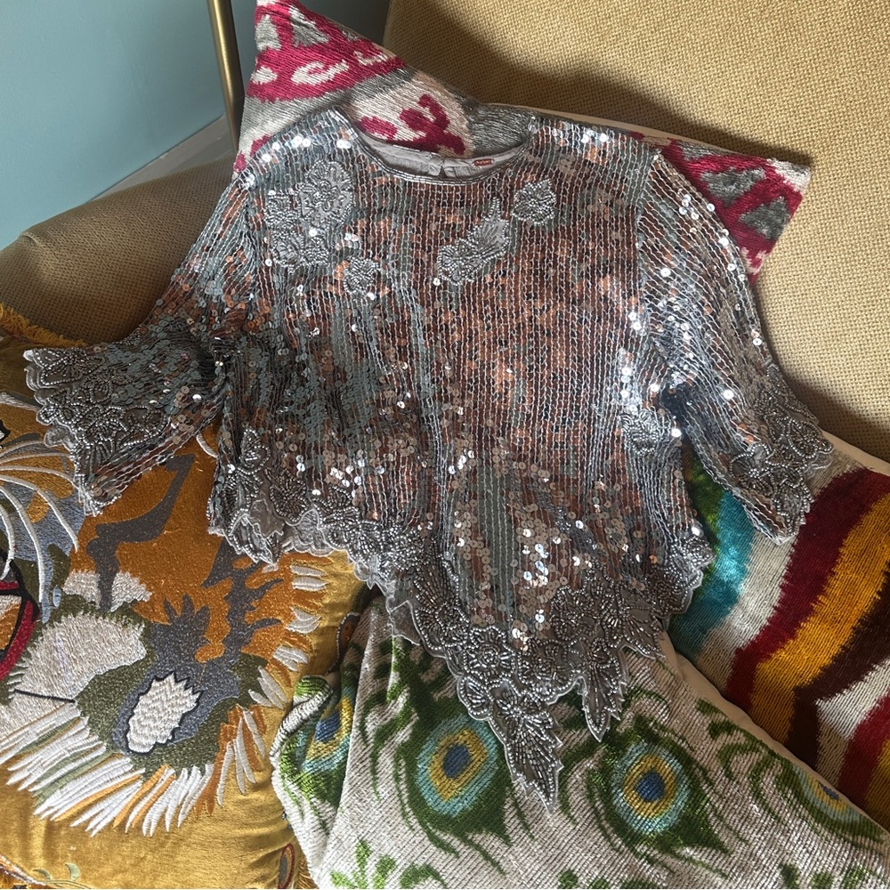 Free People Silver Sequin Embroidered Top XS